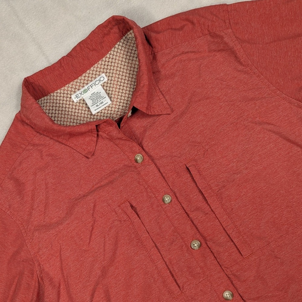 ExOfficio Womens XL Hiking Shirt Long Sleeve Roll Tab Button Down Coral Red
